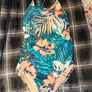 Blue and Orange Floral One Piece Swimsuit Vibrant Design
